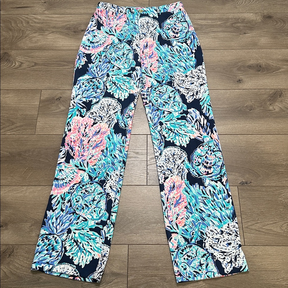 Lilly Pulitzer Malorie High Rise‎ Pants High Tide Navy Party In Paradise Party 6